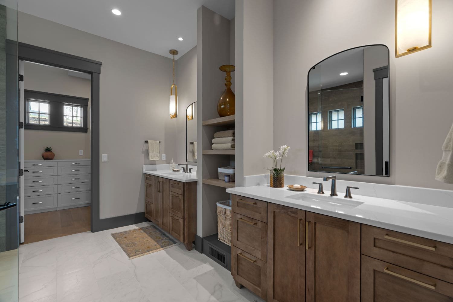 modern bathroom with dual vanities