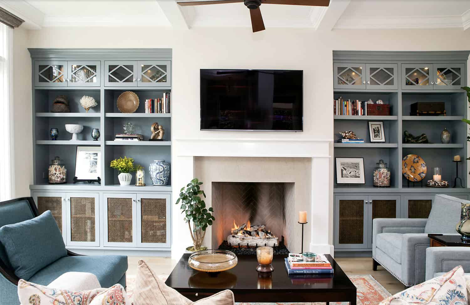modern farmhouse style living room with a fireplace