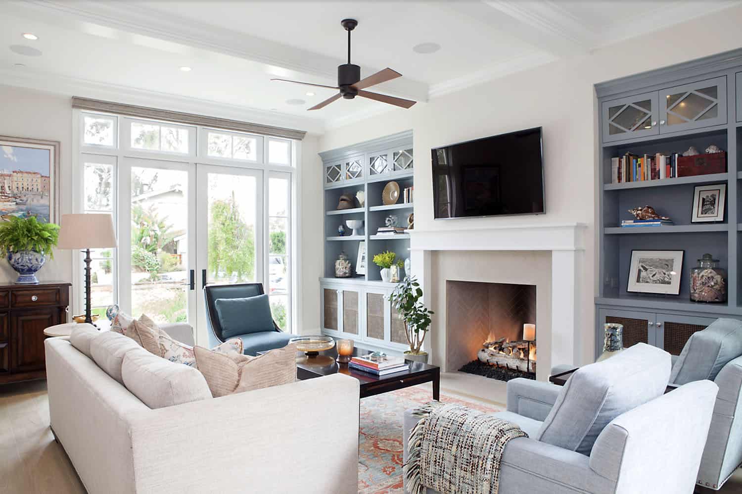 modern farmhouse style living room with a fireplace