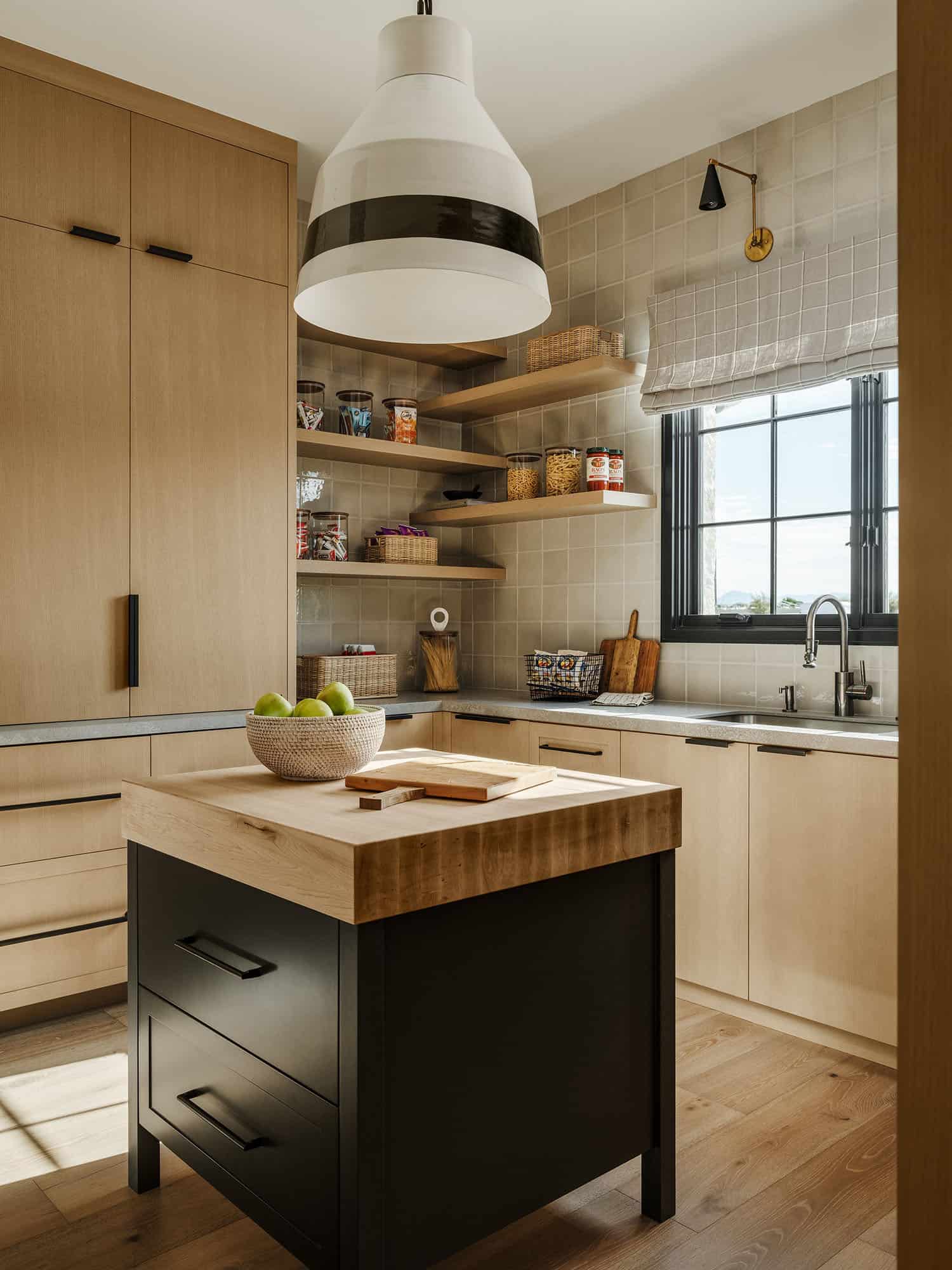 modern farmhouse style pantry with a butcher block island
