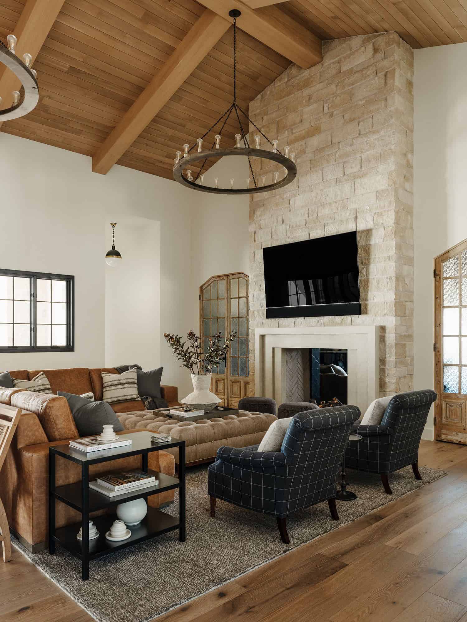modern farmhouse style living room with a fireplace