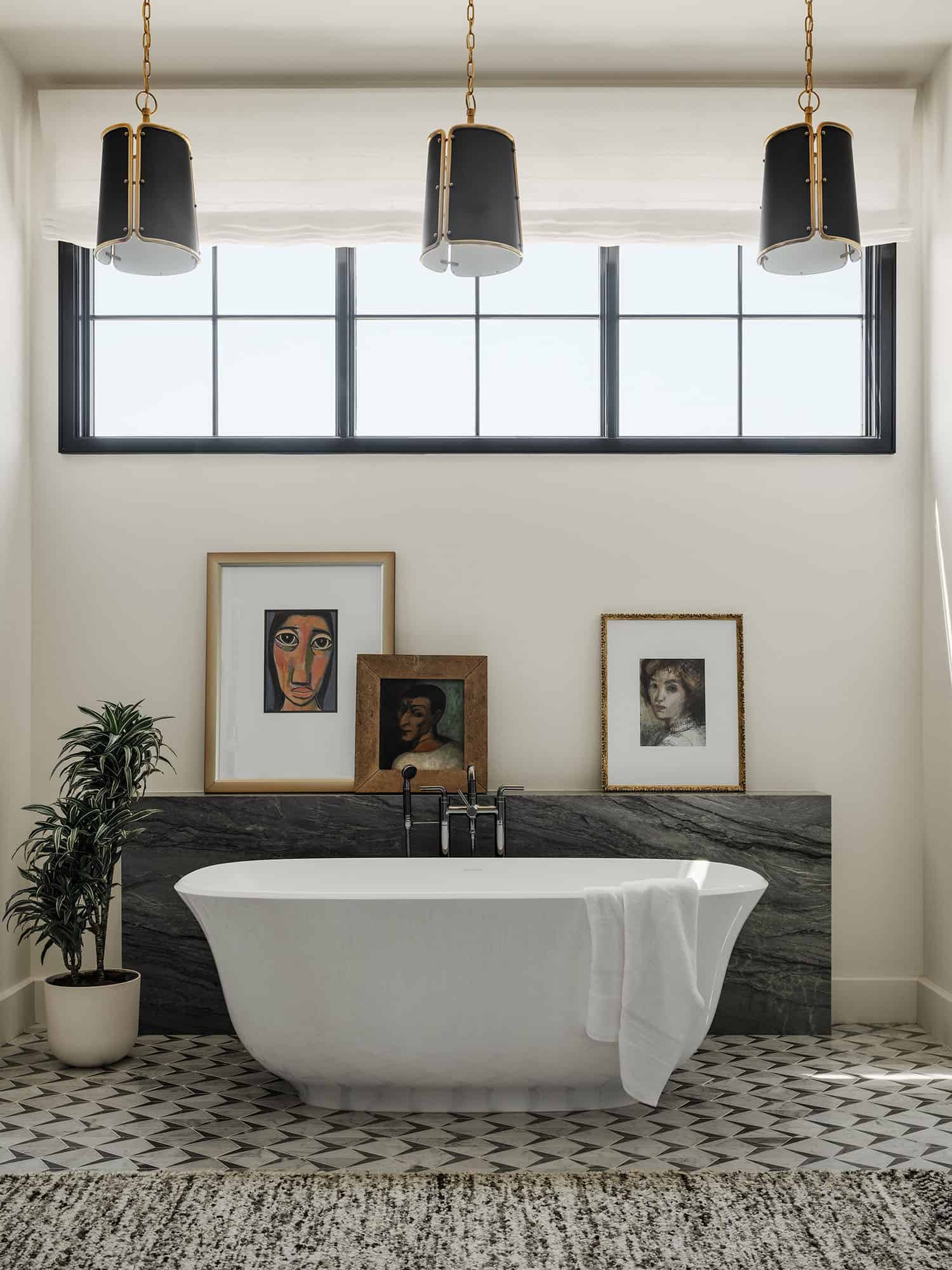 modern farmhouse style bathroom with a freestanding tub