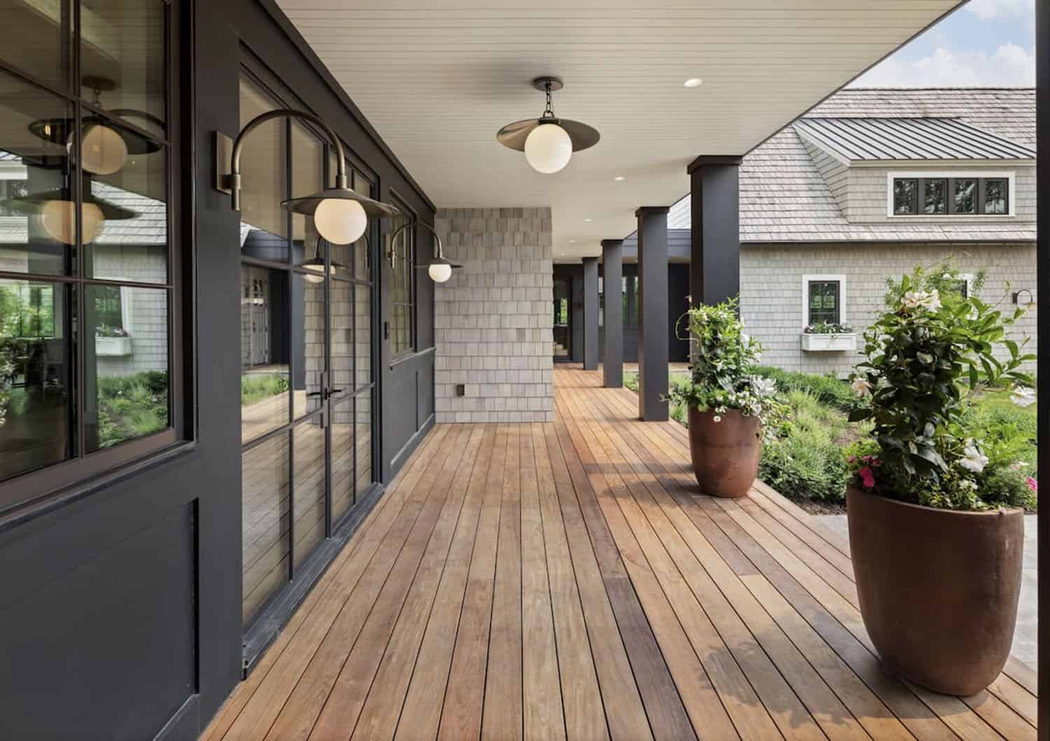 modern lake house exterior front porch