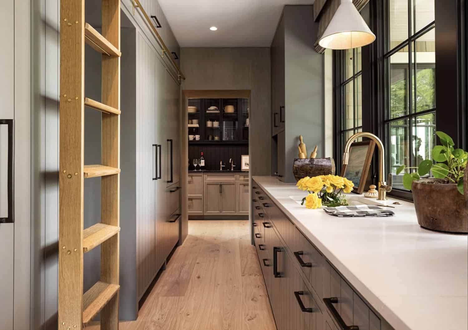 modern walk-in pantry with a rolling ladder