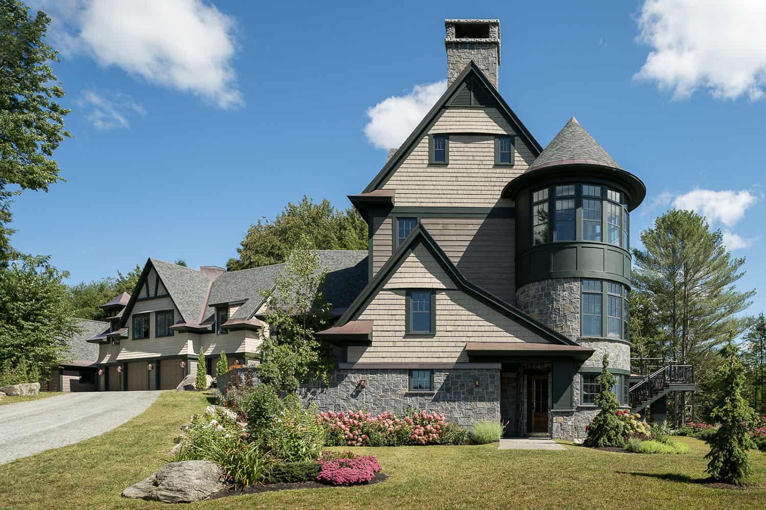 A large home with a turret on top