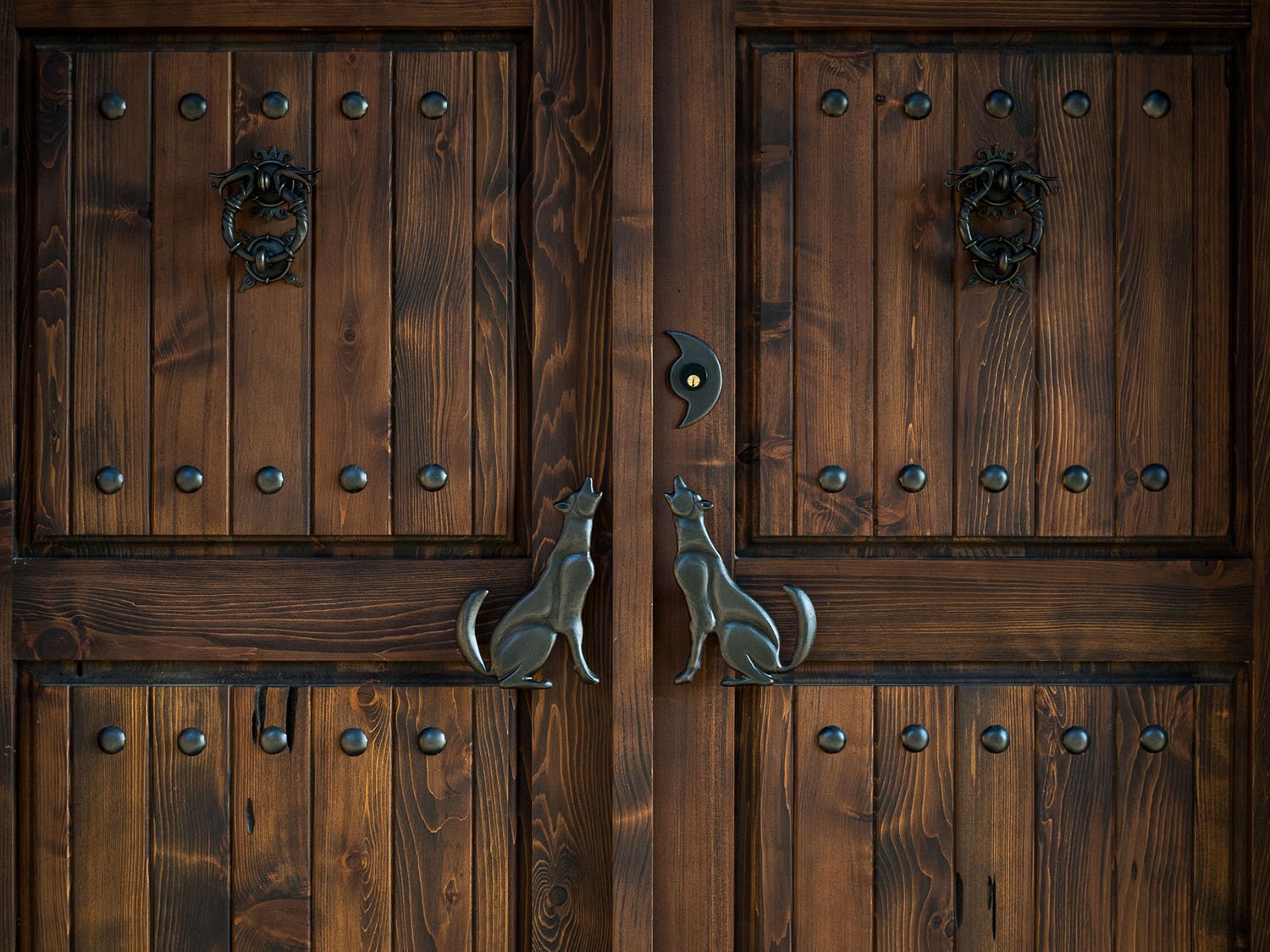 A wooden door with two metal handles