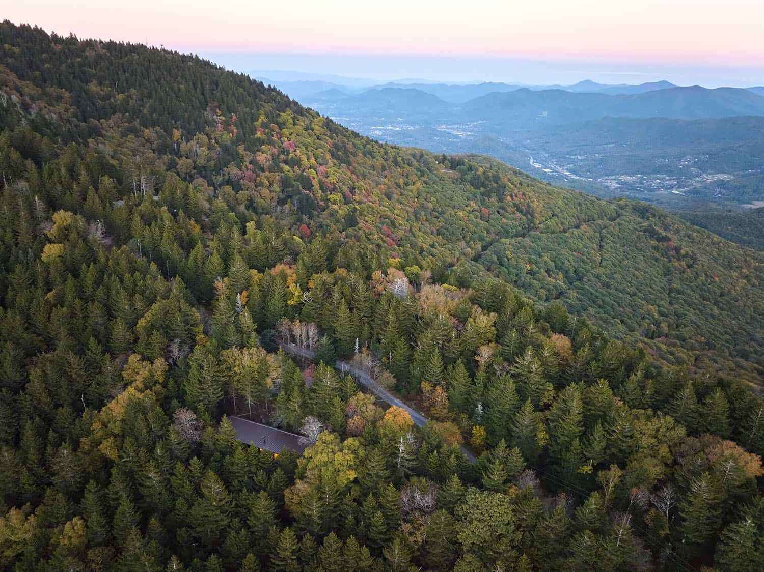 modern mountain cabin exterior aerial view