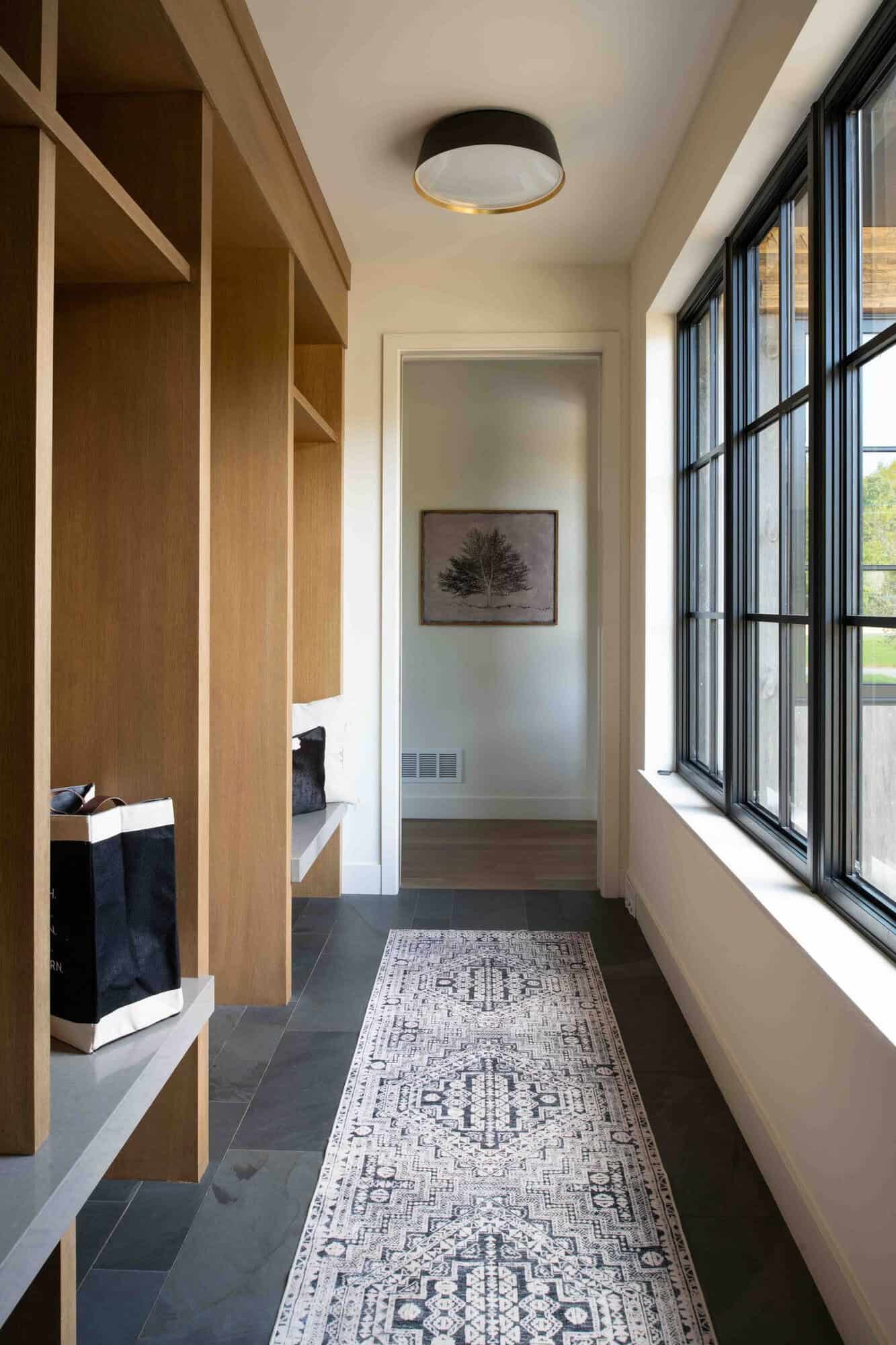 modern modern hallway with a built-in window seat