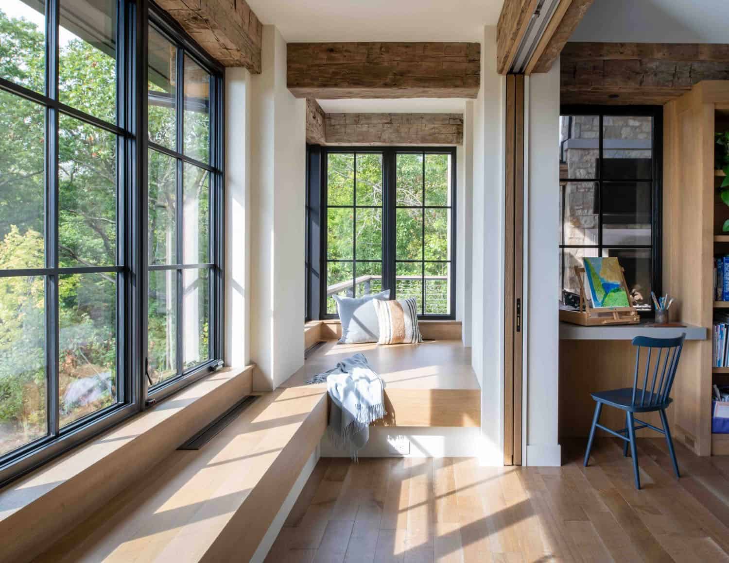 modern modern hallway with a built-in window seat