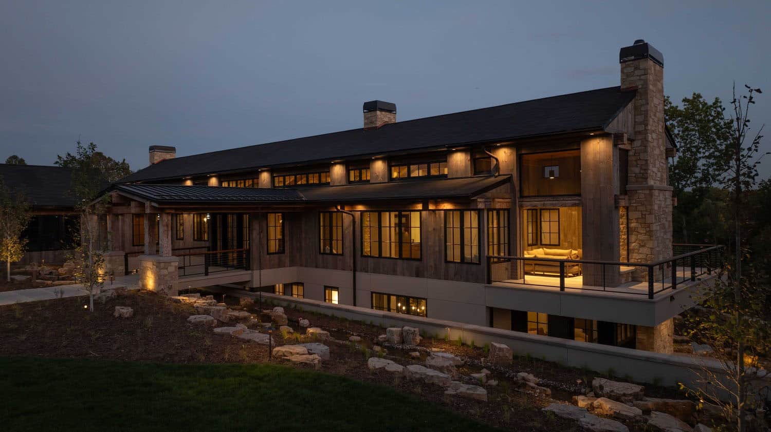 modern modern home exterior at dusk