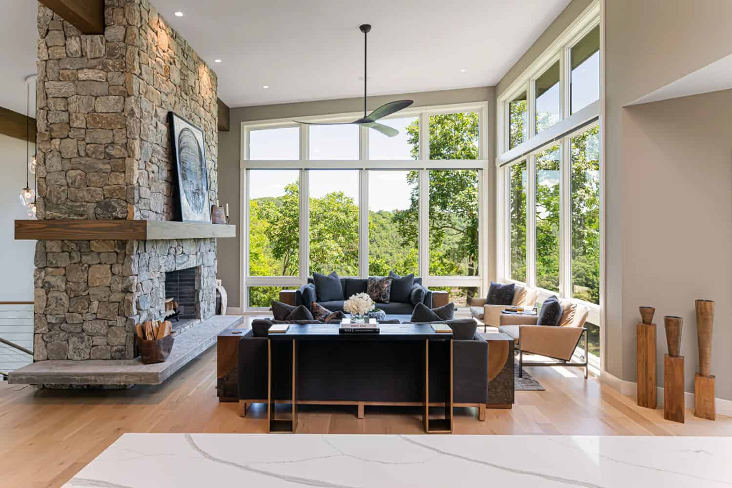modern living room with floor-to-ceiling windows