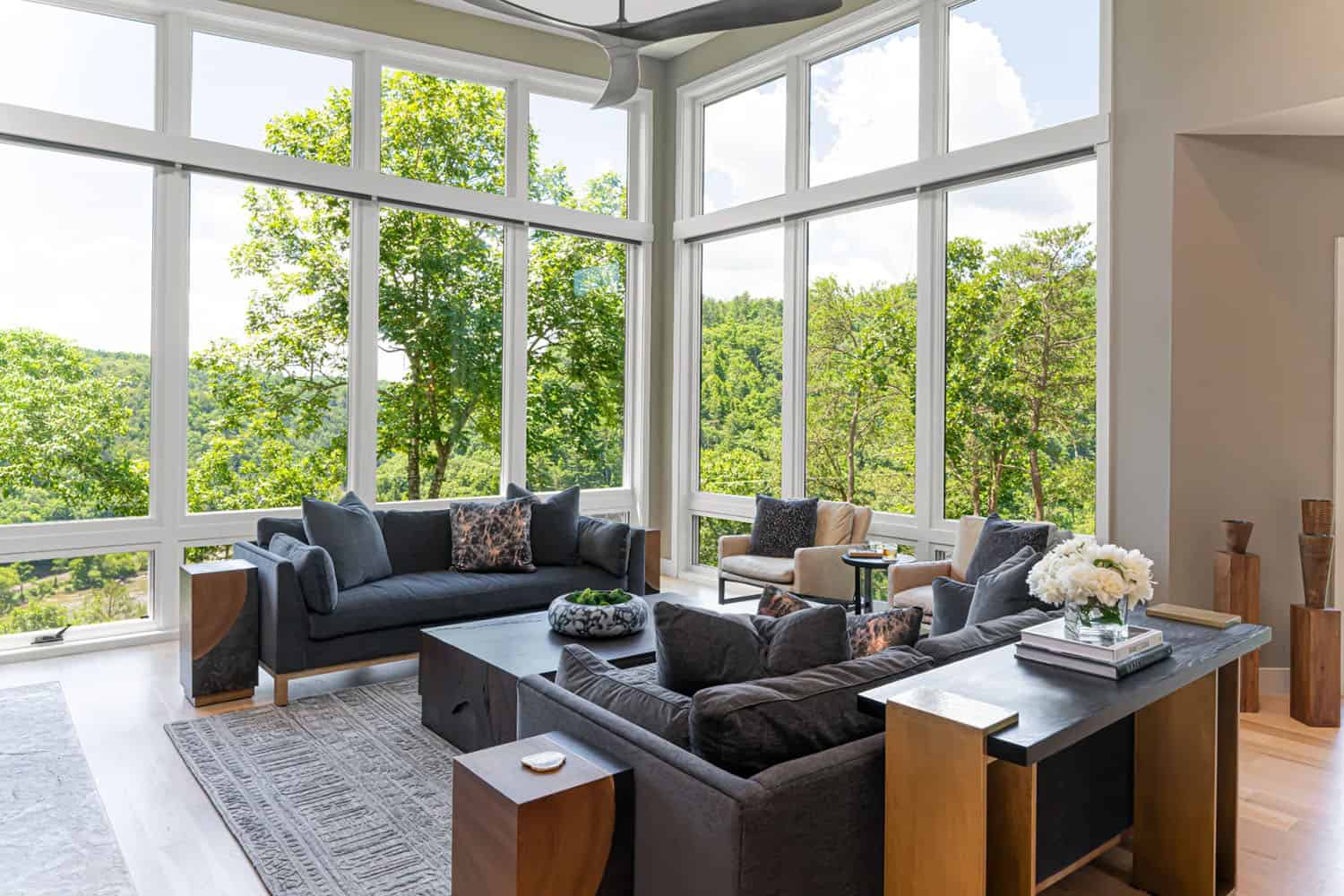 modern living room with floor-to-ceiling windows