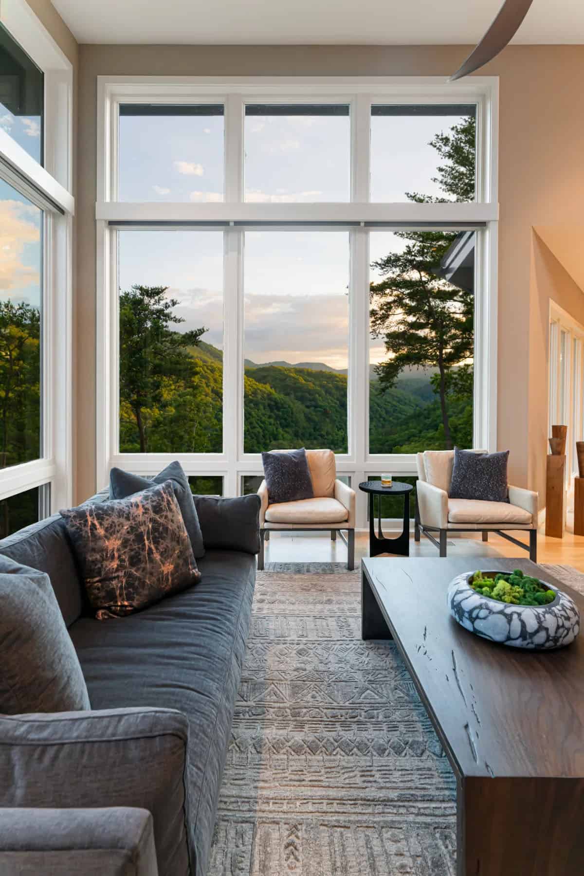 modern living room with floor-to-ceiling windows