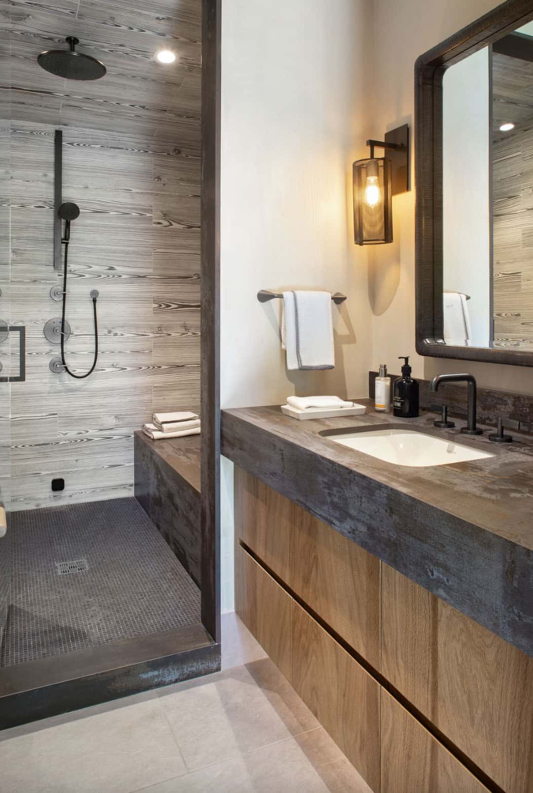 modern bathroom with a vanity and shower