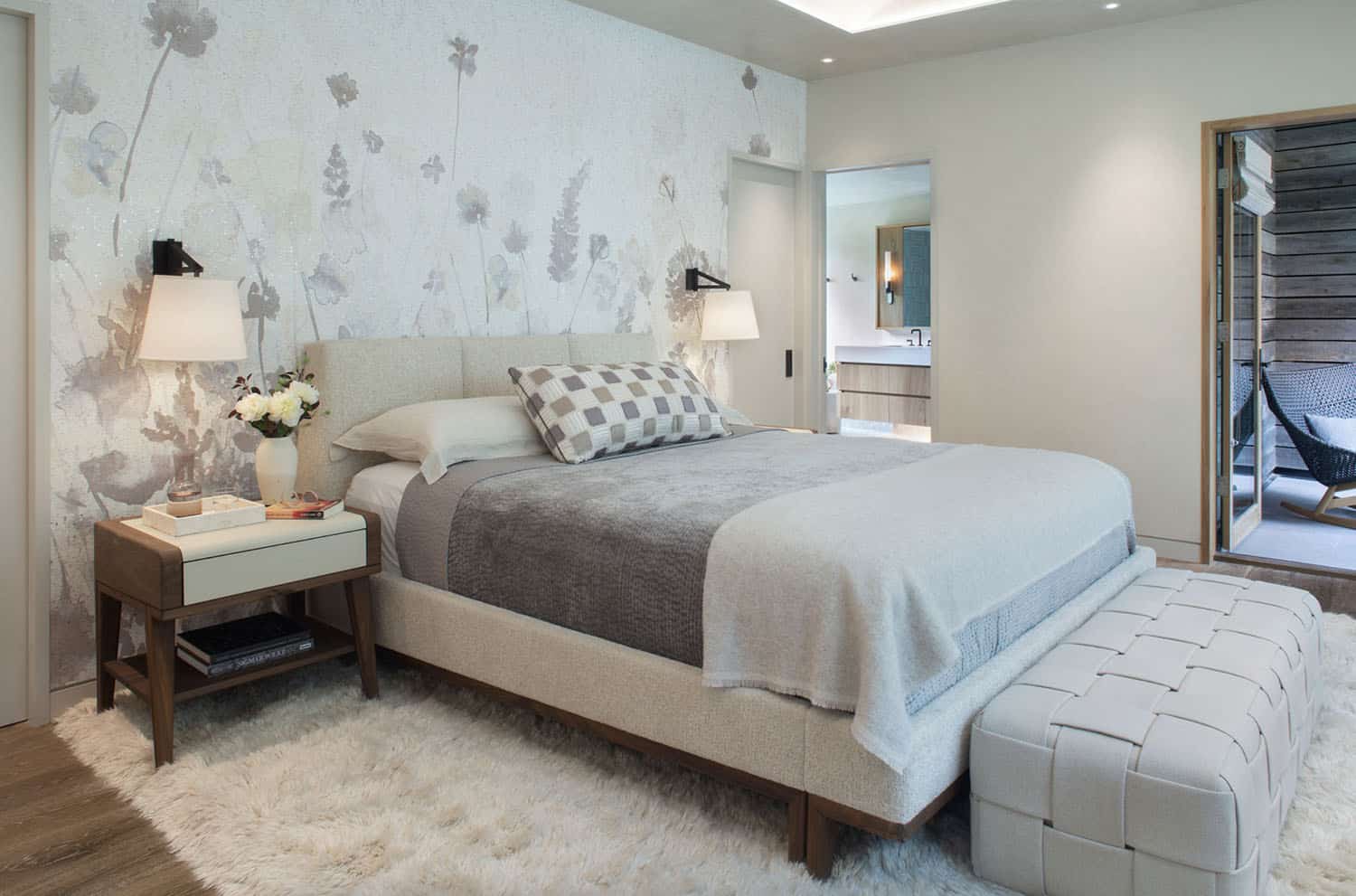 modern bathroom with a wallpaper accent wall