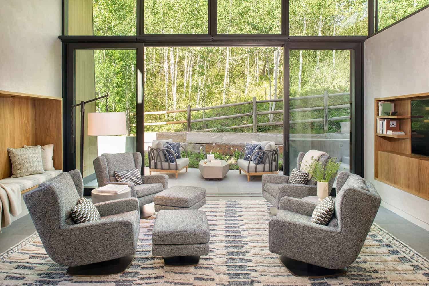 modern living room with floor-to-ceiling glass