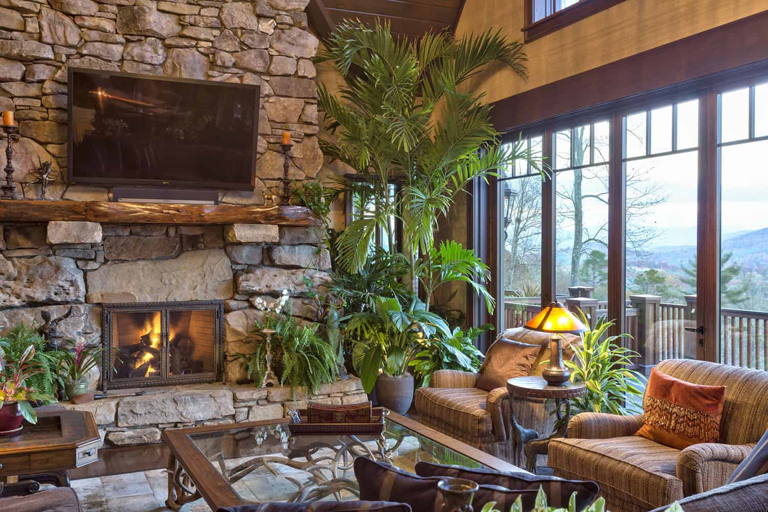 modern rustic living room with a fireplace