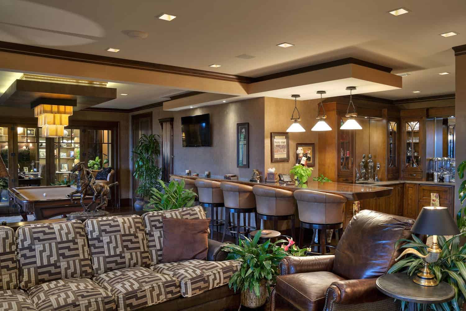 modern rustic family room with a home bar