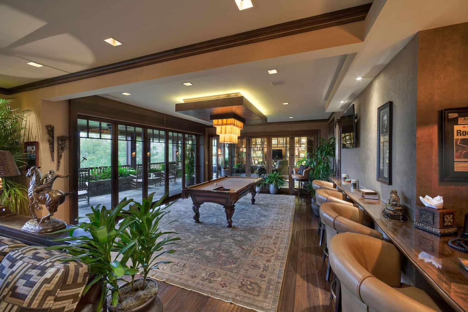 modern rustic family room with a pool table