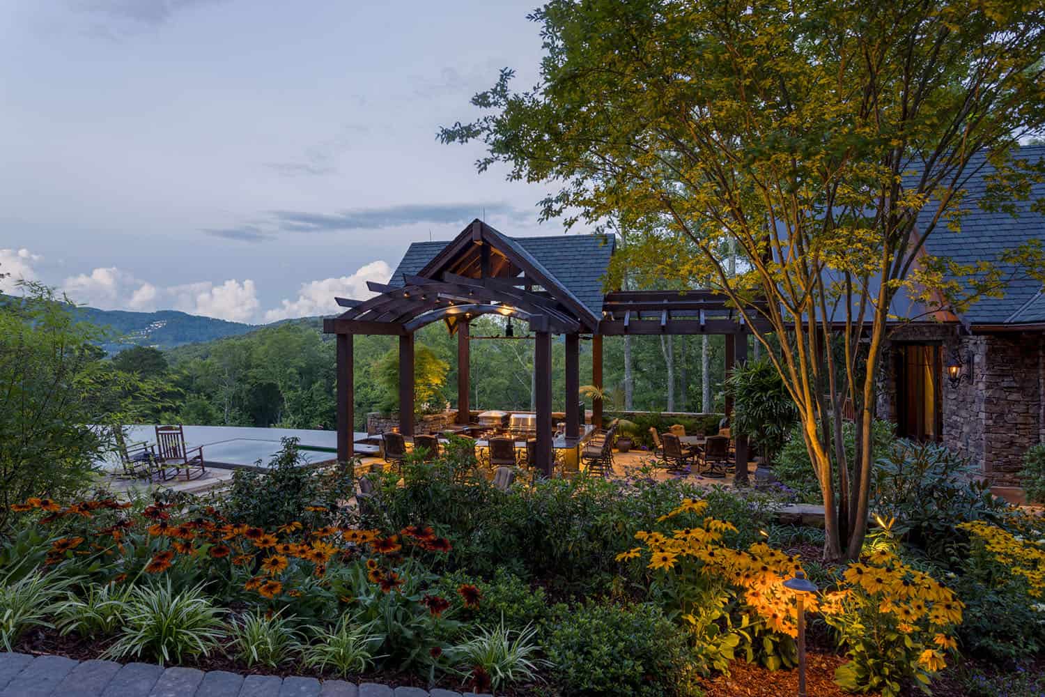 modern rustic mountain home exterior at dusk