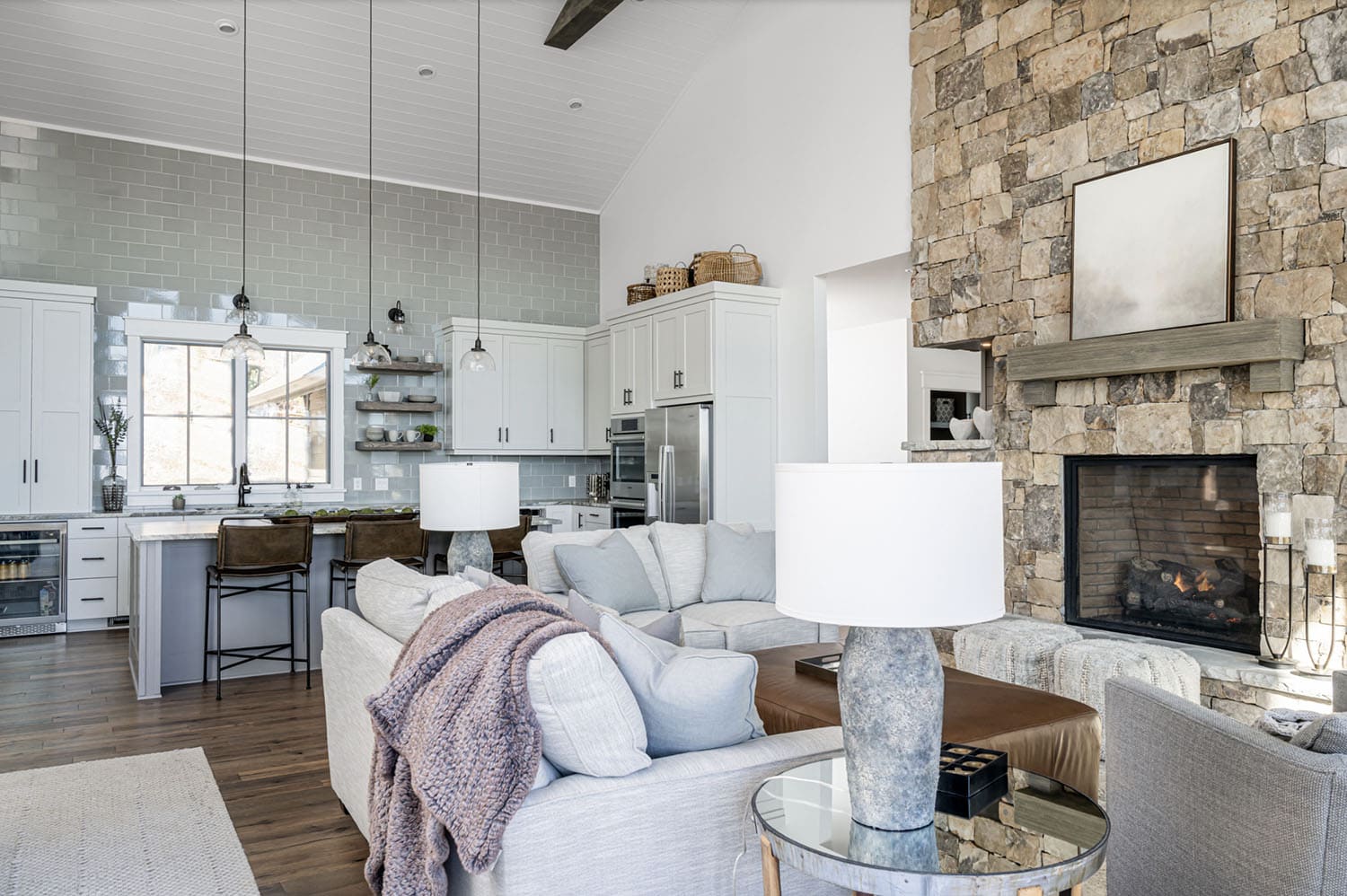 modern rustic living room with a fireplace