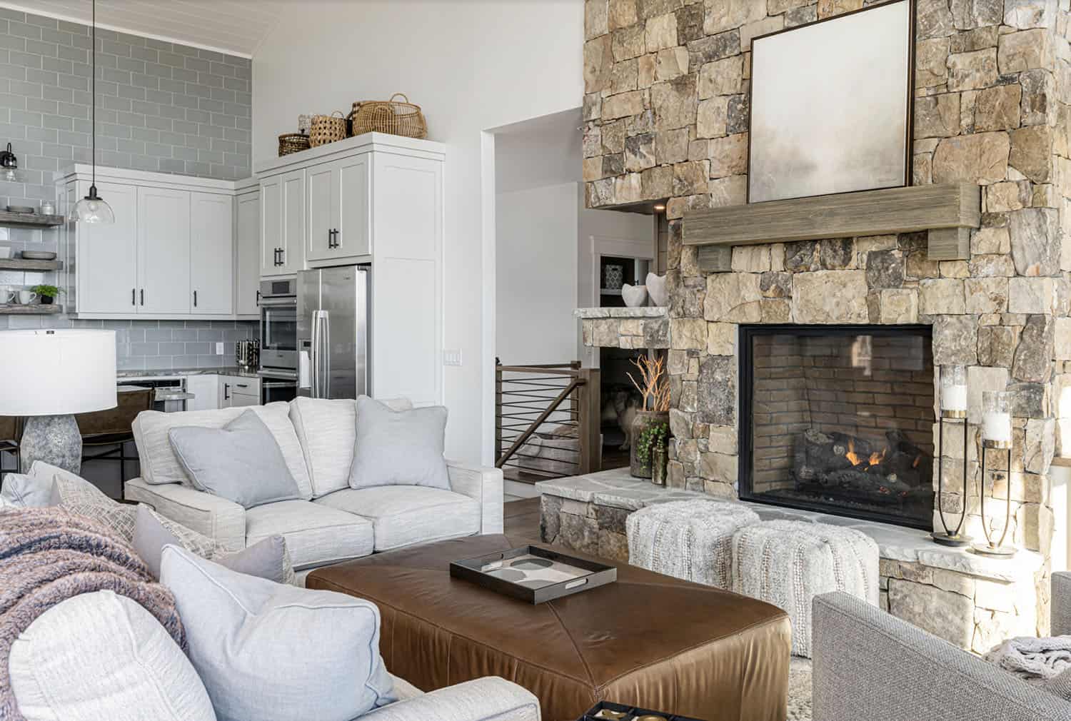 modern rustic living room with a fireplace
