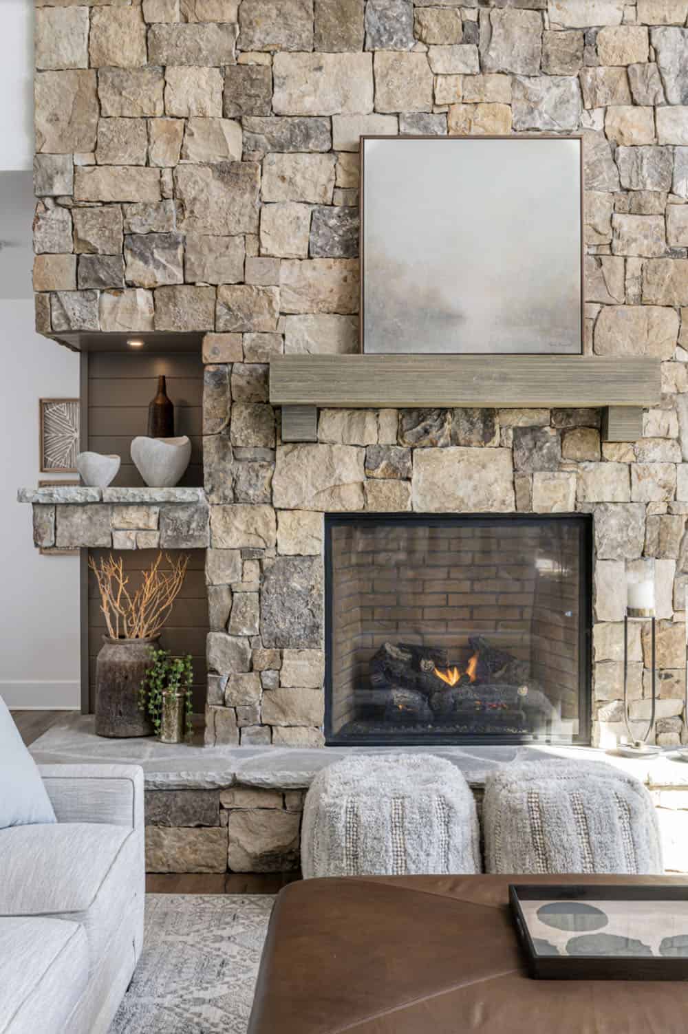 modern rustic living room with a fireplace