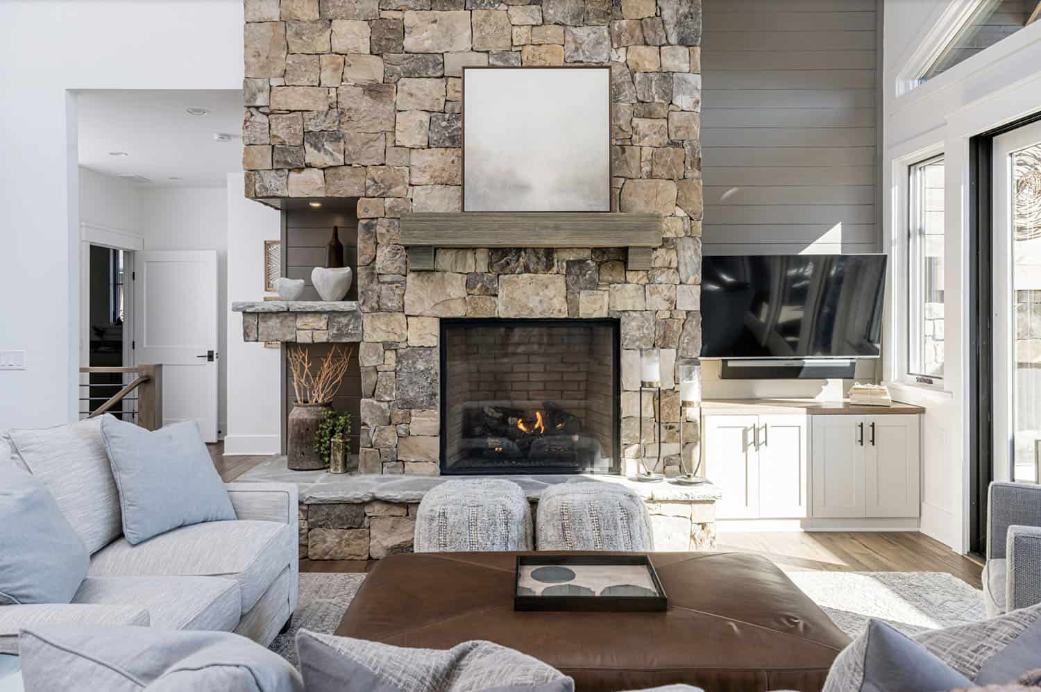 modern rustic living room with a fireplace