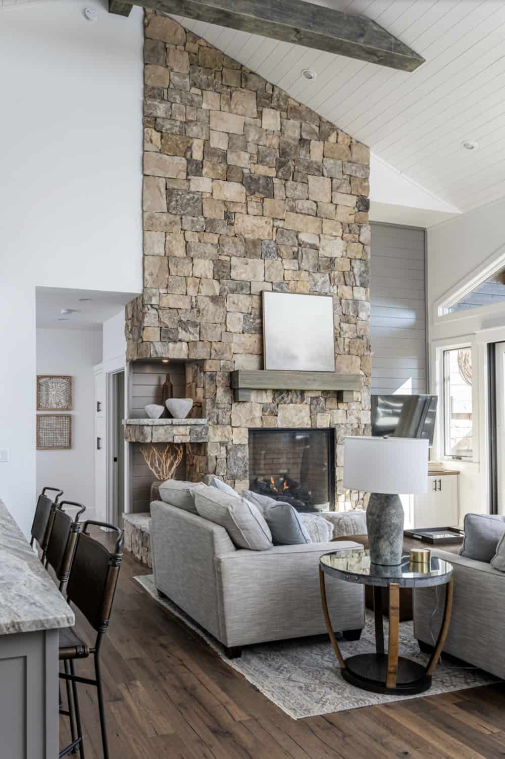modern rustic living room with a fireplace