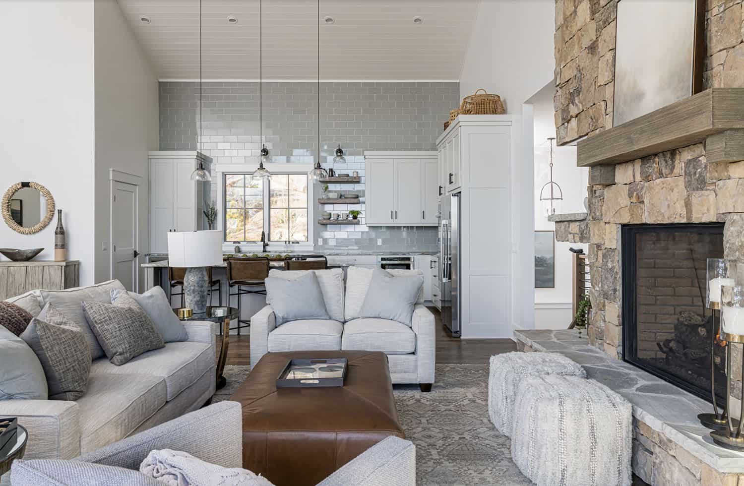 modern rustic living room with a fireplace