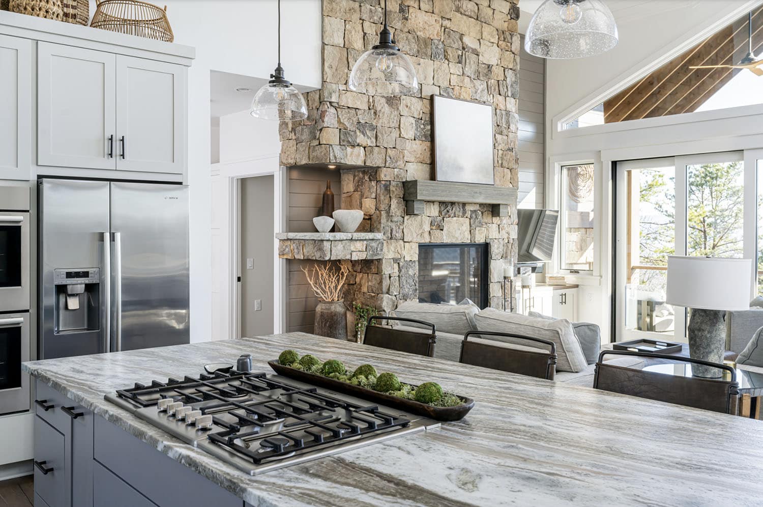 modern rustic kitchen island detail with a range