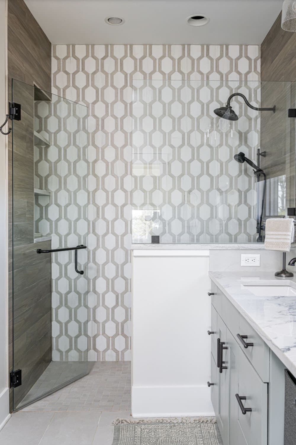 modern rustic bathroom with a walk-in shower