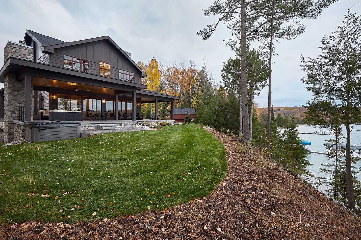 mountain style lake cottage exterior