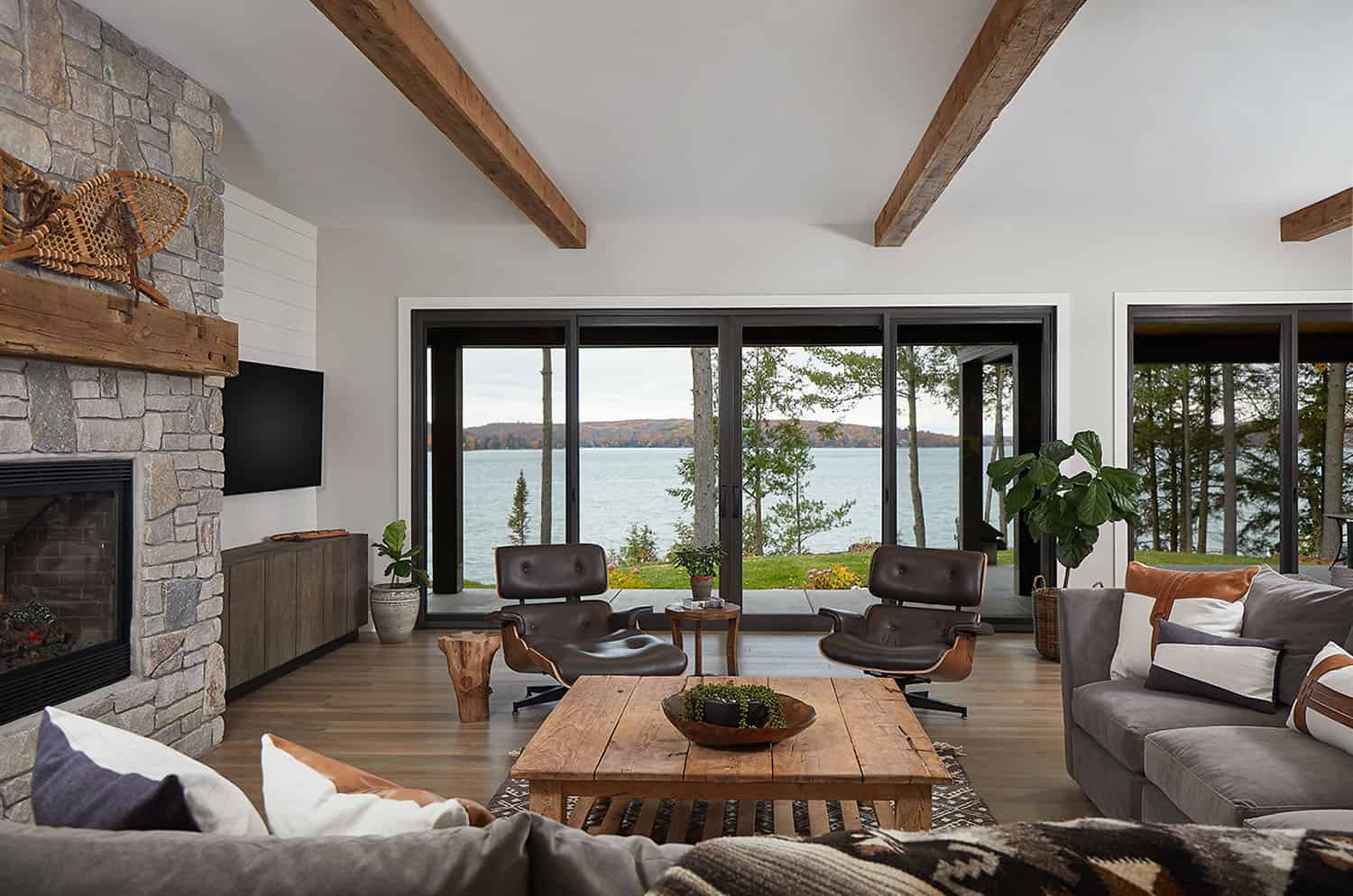mountain style living room with a sliding glass door