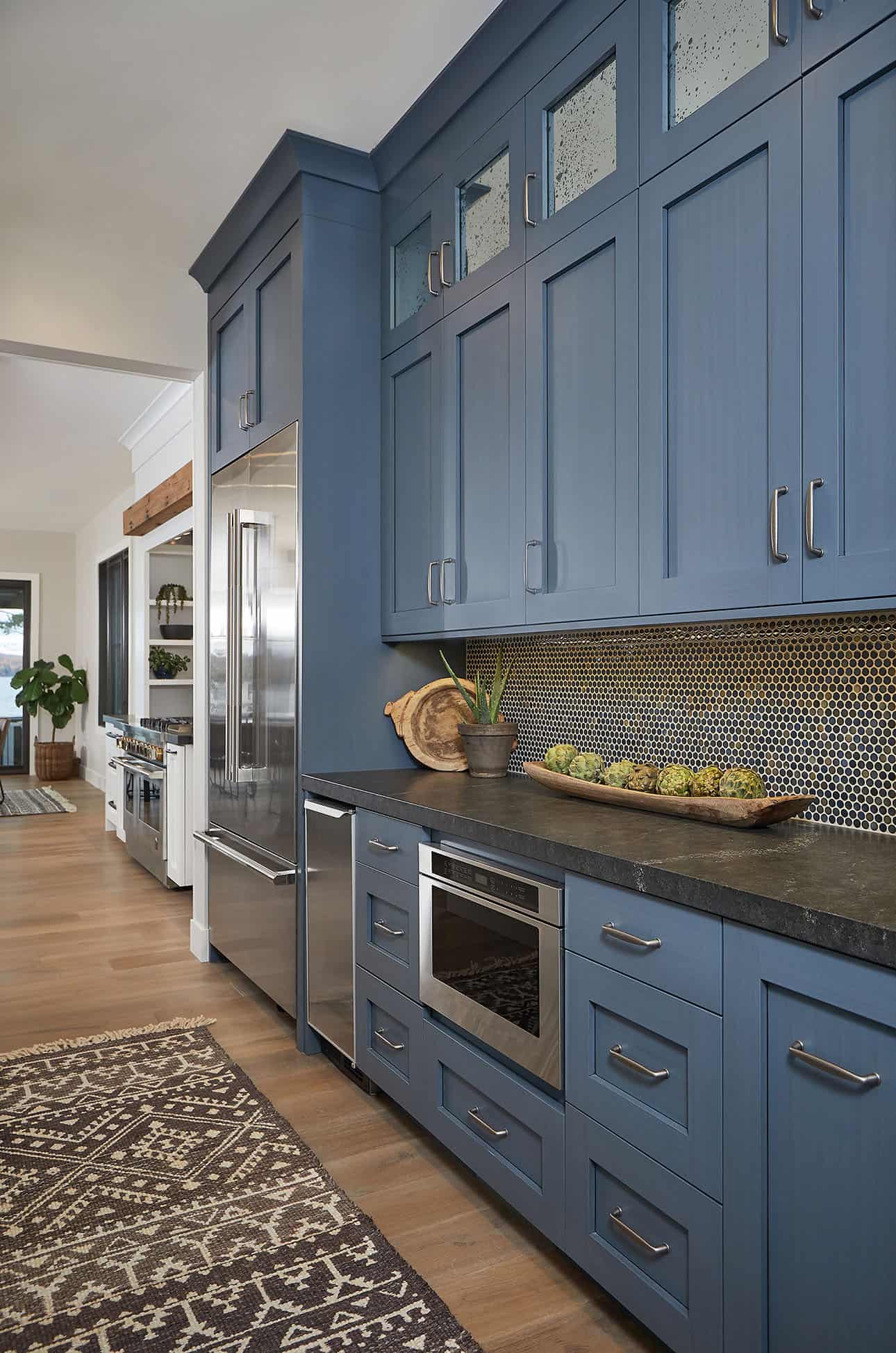 mountain style kitchen with blue cabinets