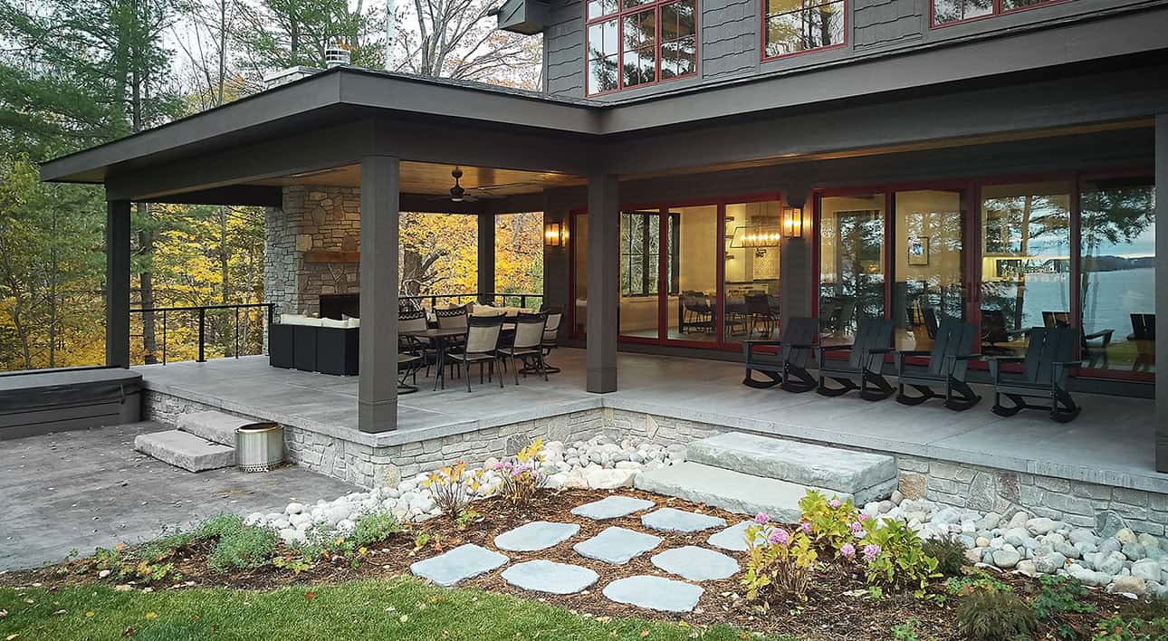 mountain style lake cottage exterior backyard view