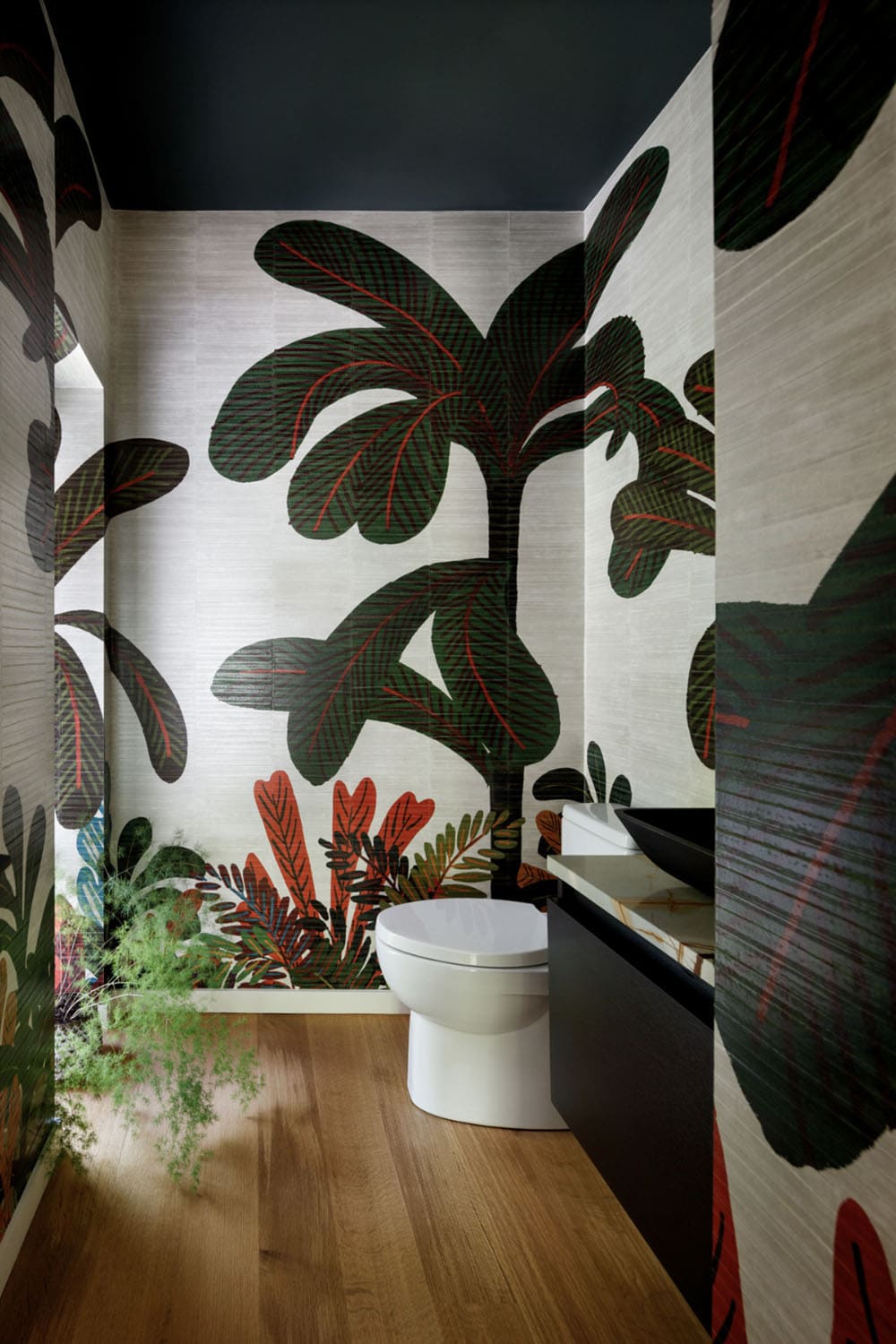 contemporary powder room with wallpaper