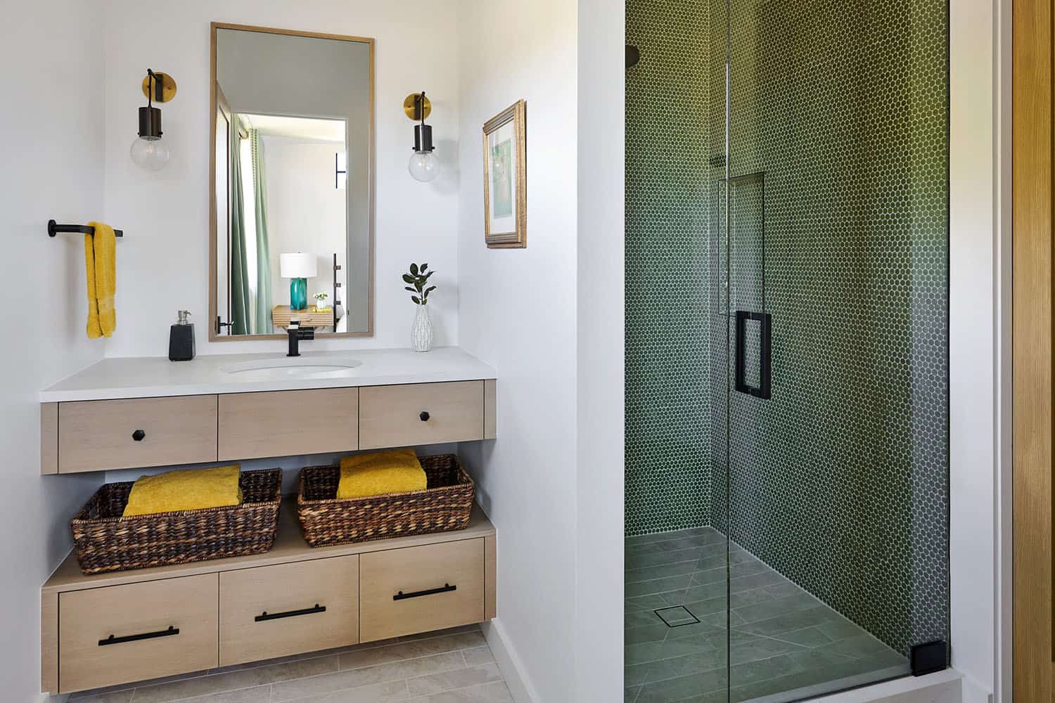 rustic modern bathroom with a vanithy and shower