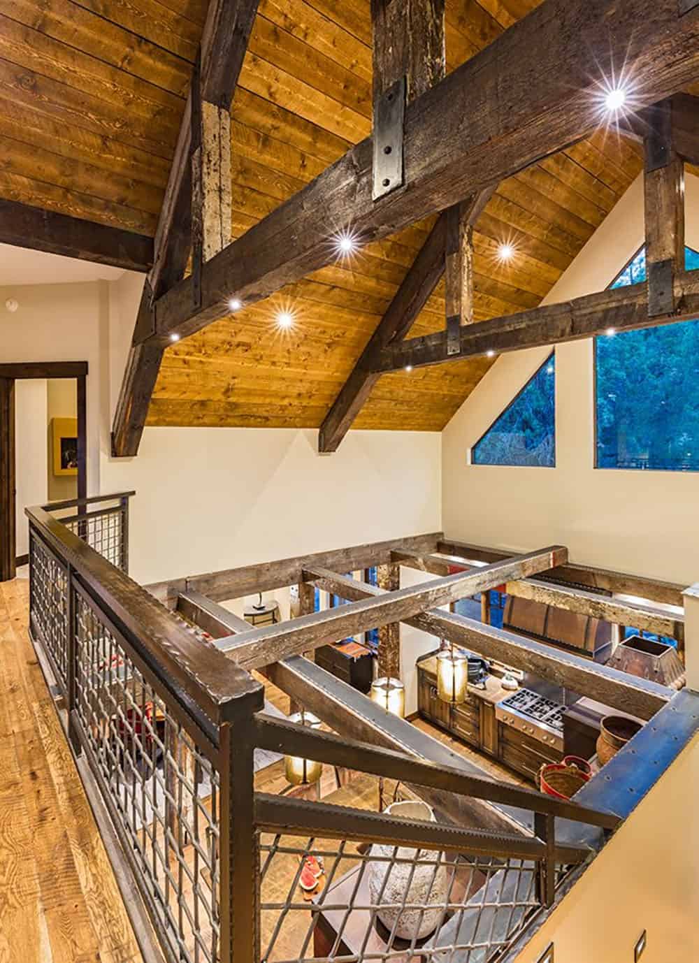 rustic upstairs hallway overlooking the great room