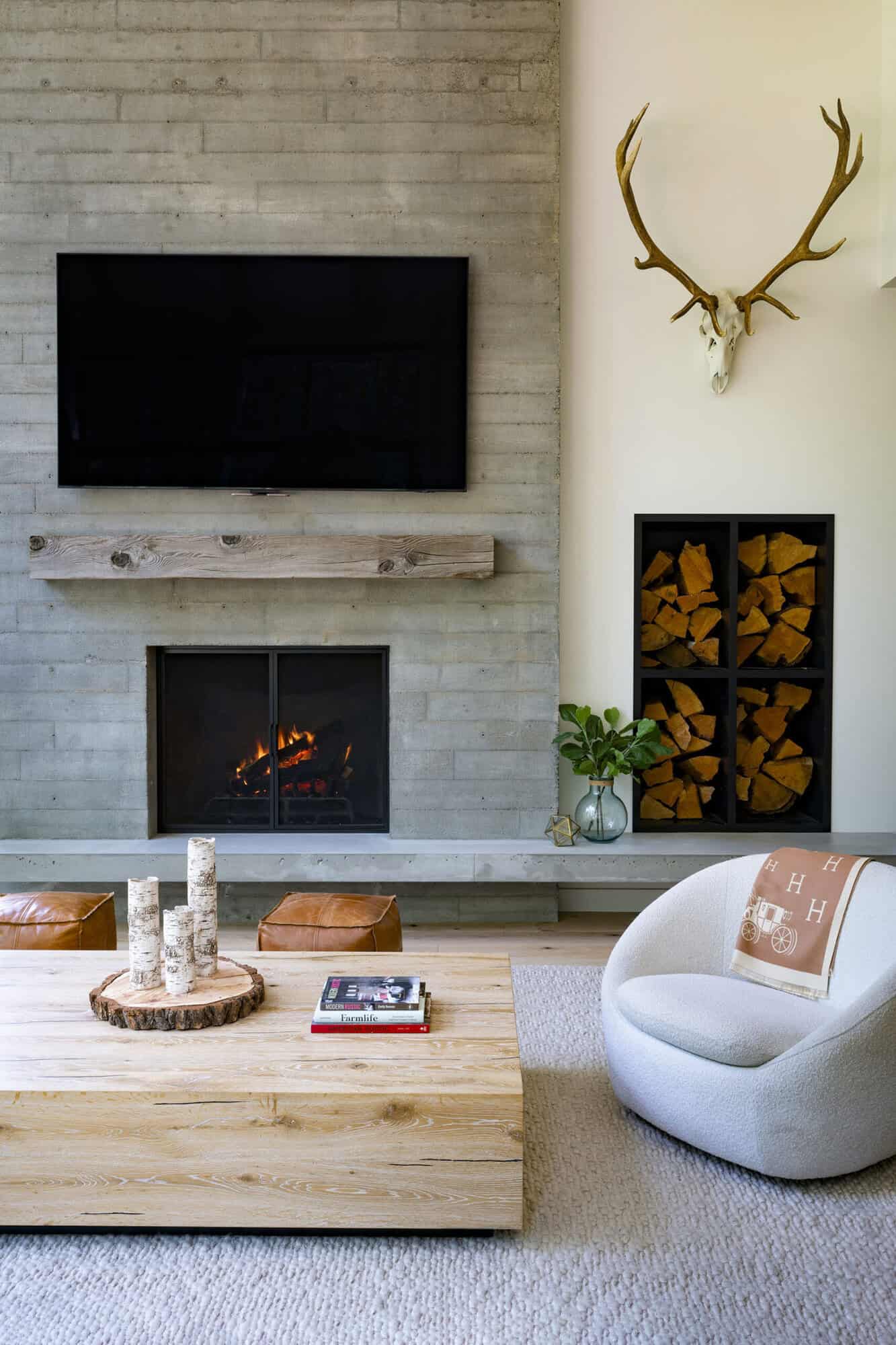 modern living room with a fireplace