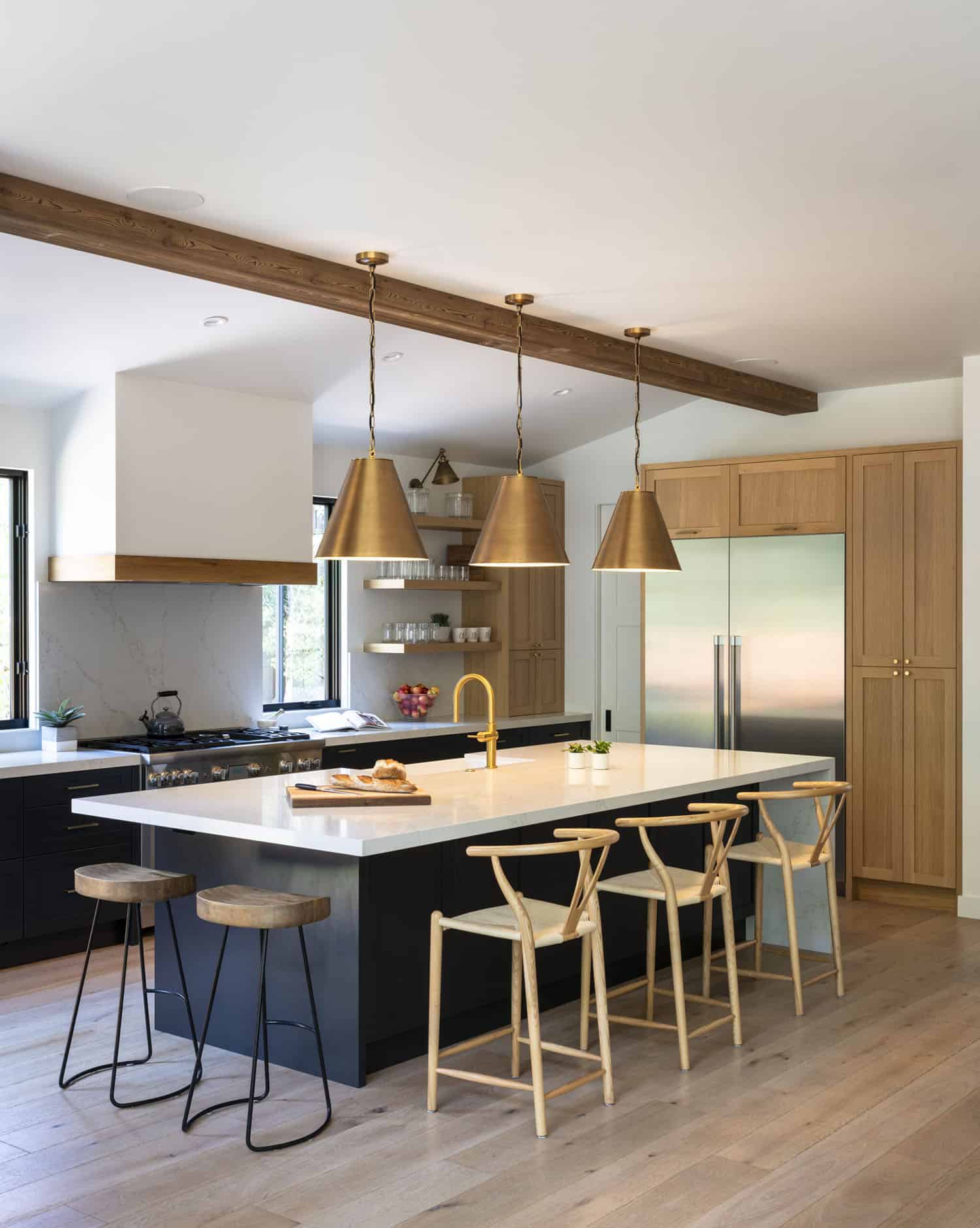 modern kitchen with large pendant lights