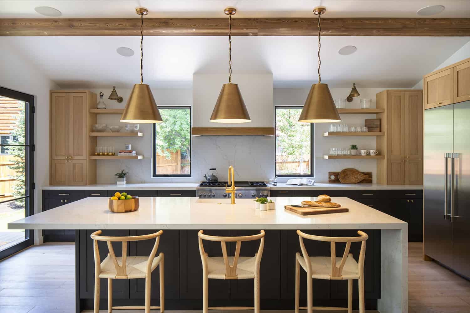 modern kitchen with large pendant lights