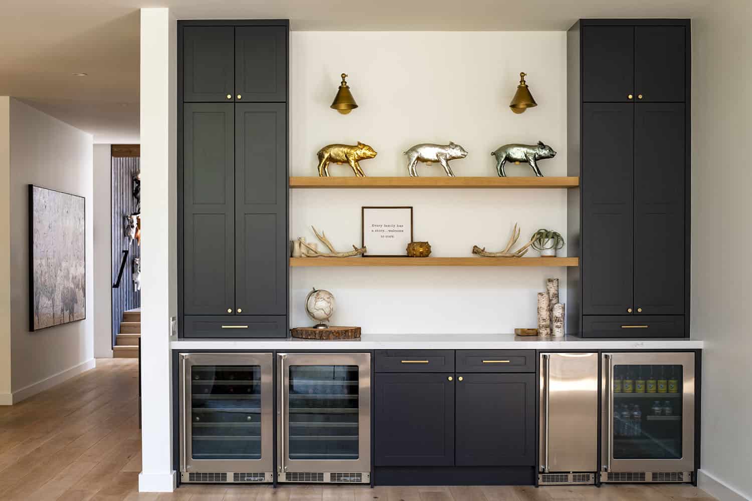modern custom bar with built in storage, and wine fridges
