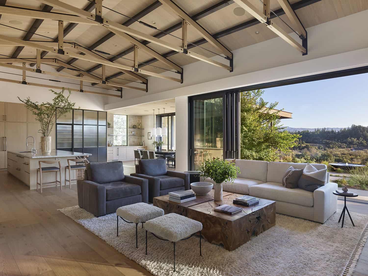 modern farmhouse living room with sliding glass doors