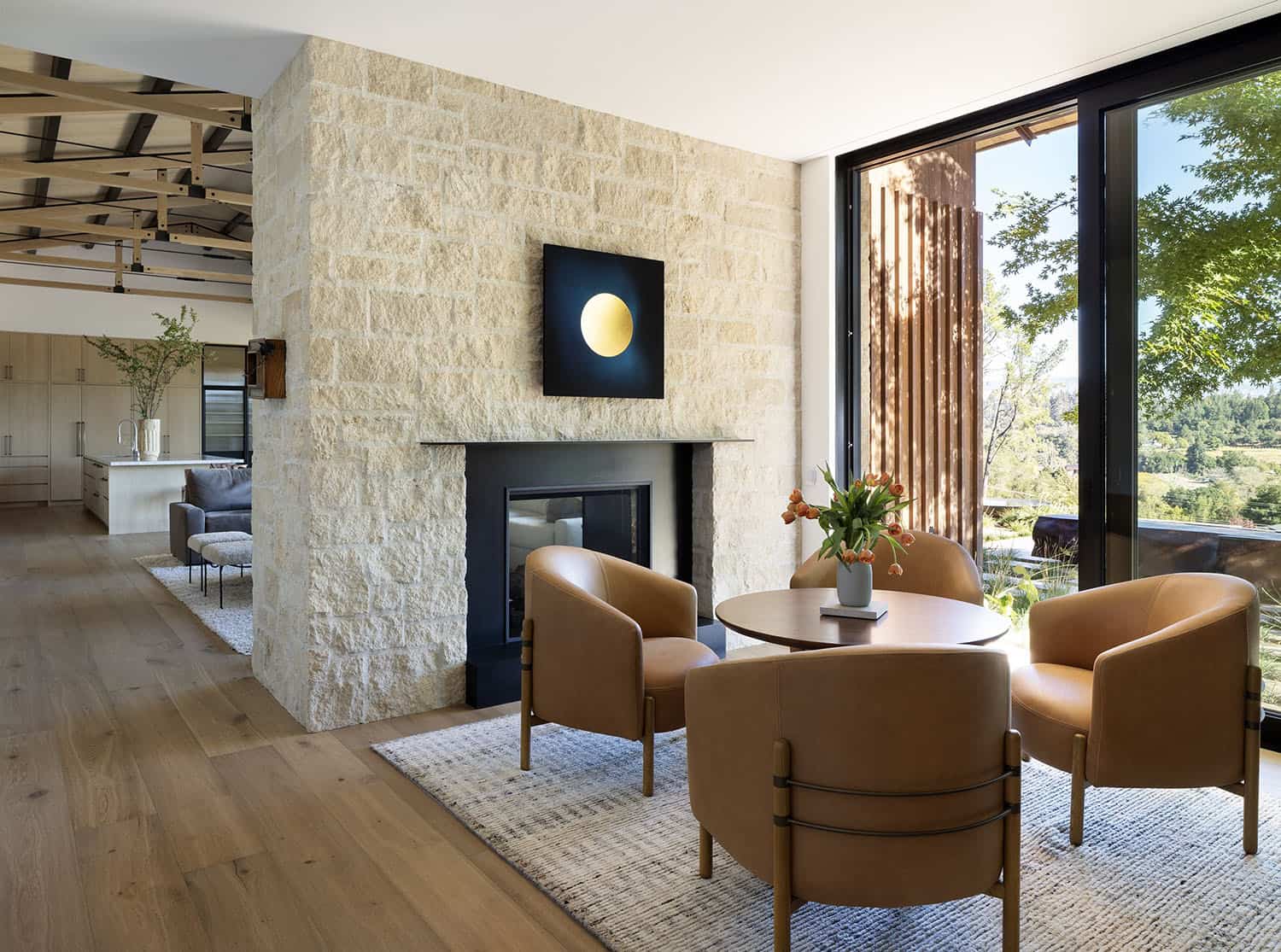 modern farmhouse family room with a fireplace