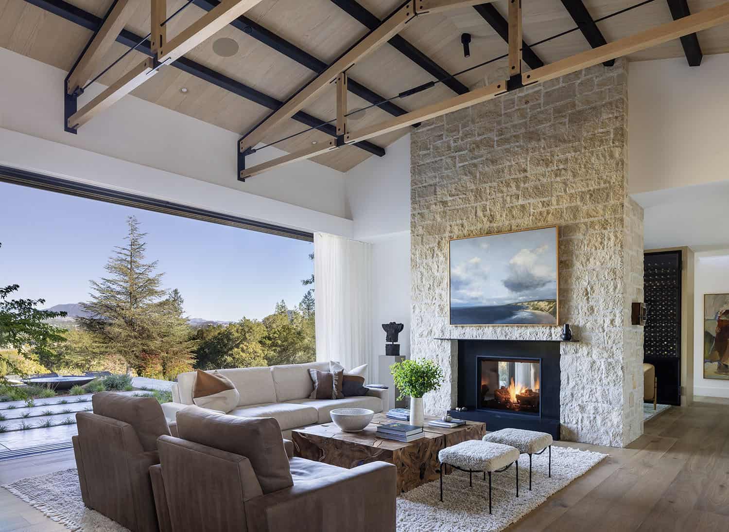 modern farmhouse living room with with sliding glass doors