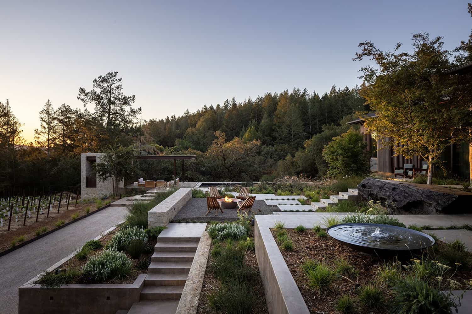modern farmhouse home exterior with vineyard views