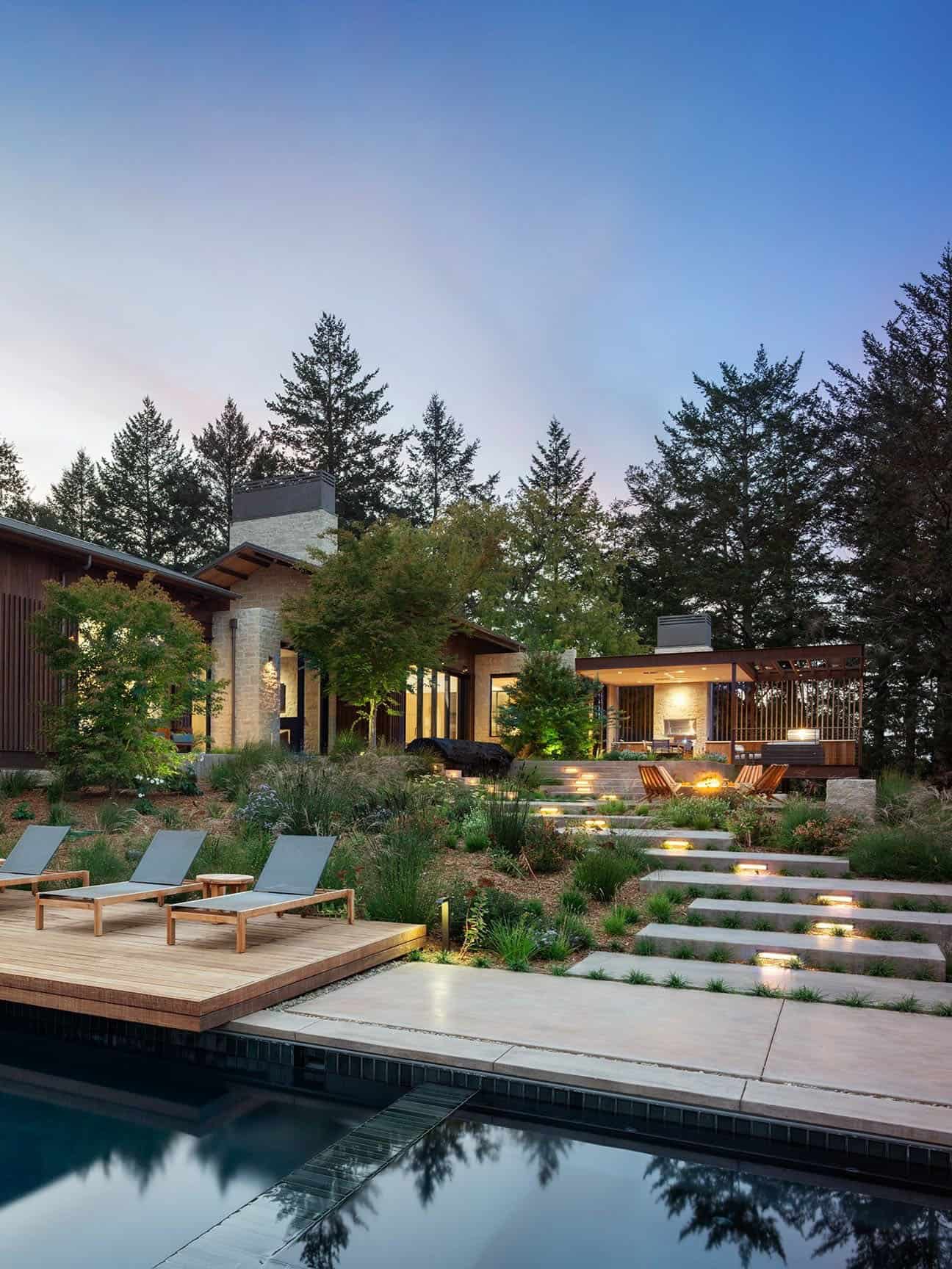 modern farmhouse exterior with a pool