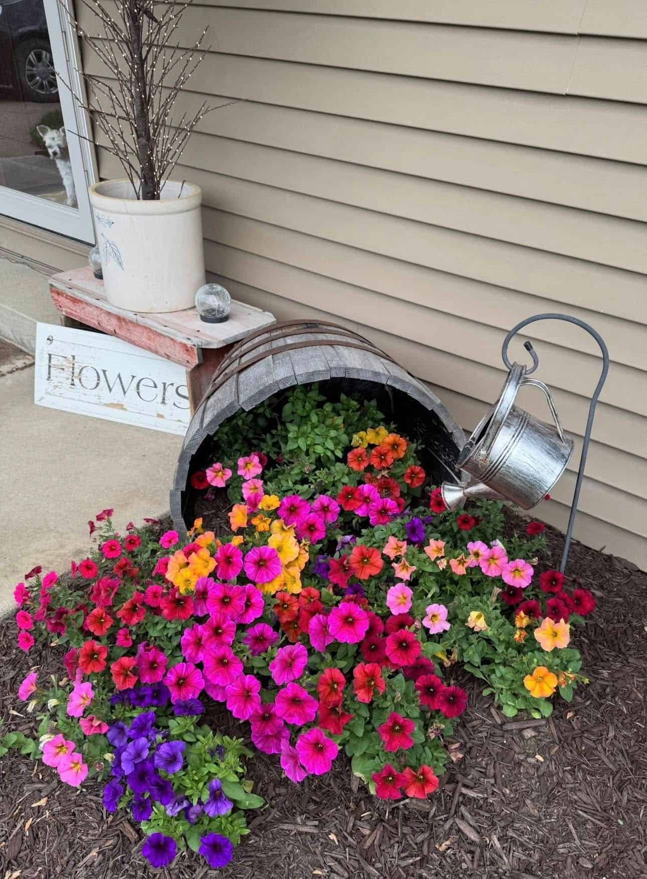 spilled flower pot garden with a shepherds hook and watering can hanging above