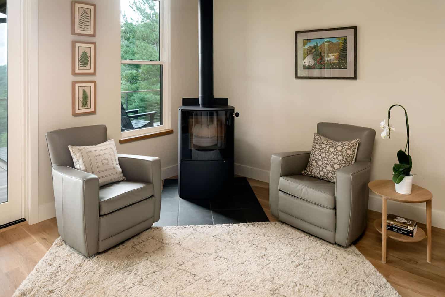contemporary living room with a wood-burning stove